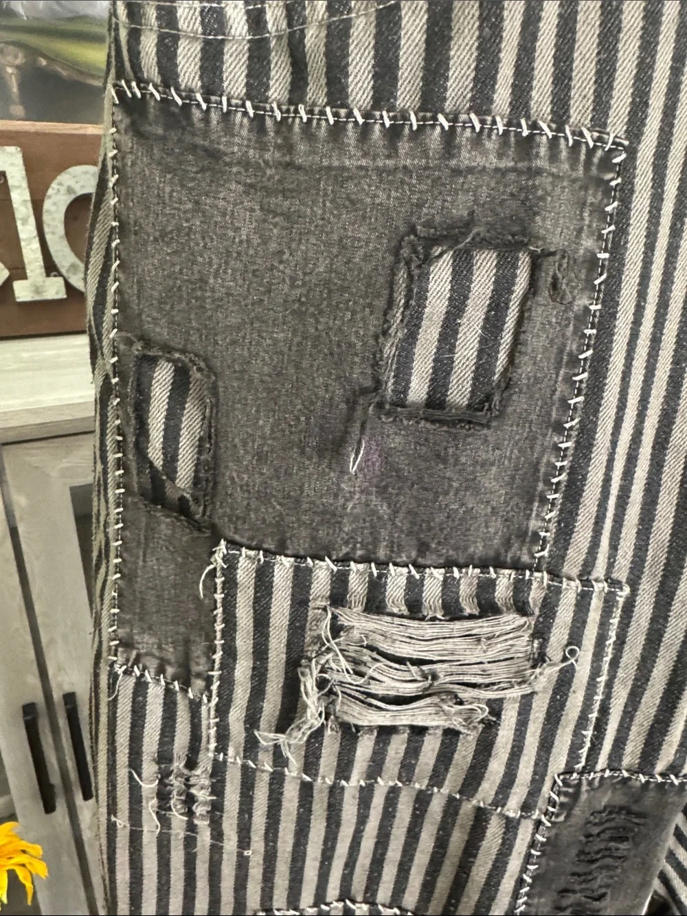 NWT Blue Velvet Striped Patchwork Pants in Black and Gray - Picture 3 of 14